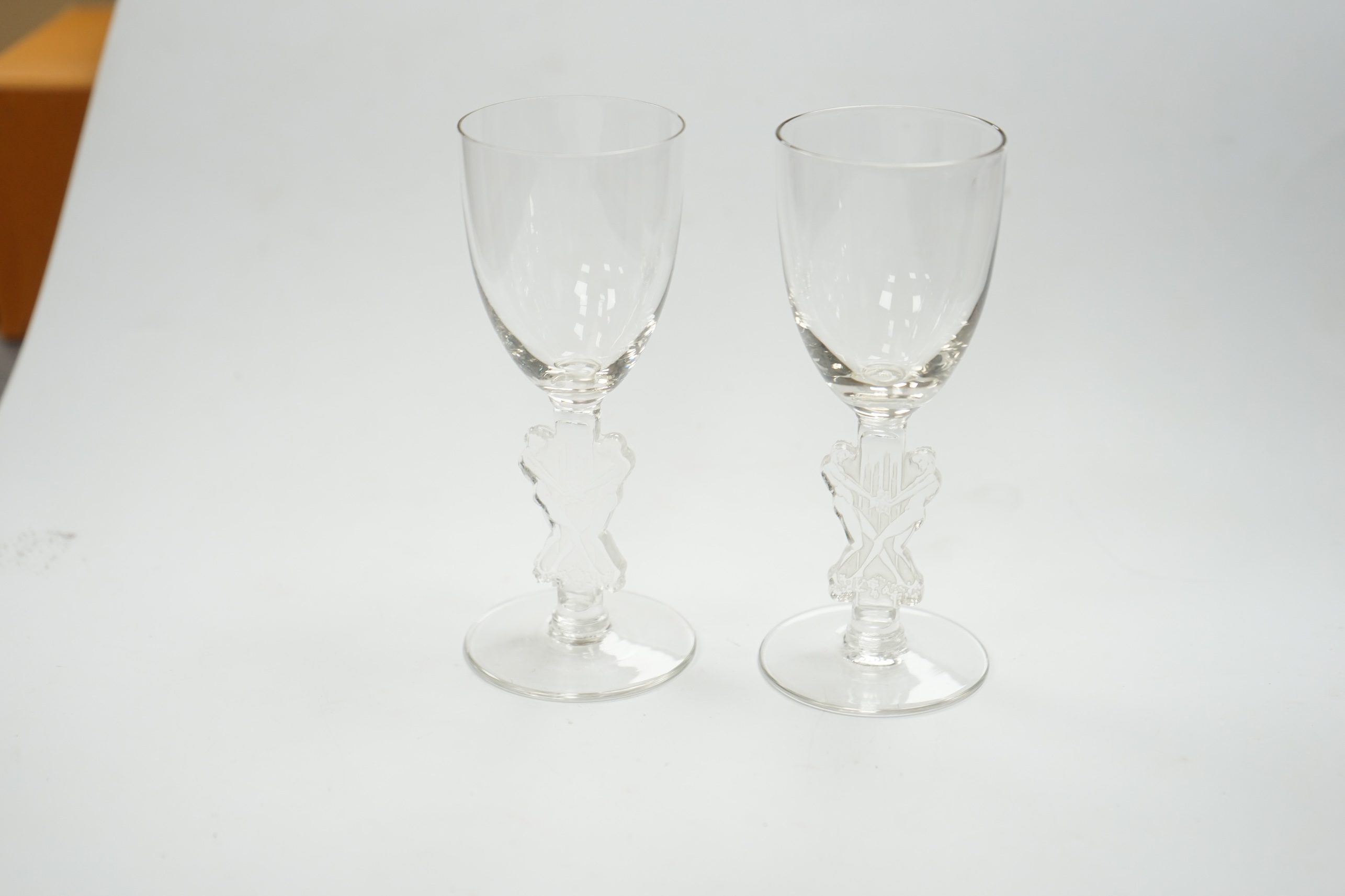 Two rare R. Lalique ‘Strasbourg’ liqueur glasses, signed, Marcillac 5086, height 11.5cm. Condition - good